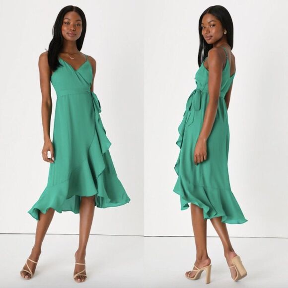 Lulus Dresses & Skirts - NWT Lulus green ruffle Manhattan Moment v-neck wrap flowy cocktail midi dress